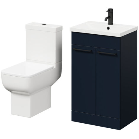 Wholesale Domestic Alessio Deep Blue 500mm Vanity Unit and Toilet Suite including Open Back Toilet and Floor Standing Vanity Unit with 2 Doors and Matt Black Handles
