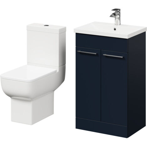 Wholesale Domestic Alessio Deep Blue 500mm Vanity Unit and Toilet Suite including Open Back Toilet and Floor Standing Vanity Unit with 2 Doors and Polished Chrome Handles