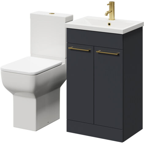 Wholesale Domestic Alessio Gloss Grey 500mm Vanity Unit and Toilet Suite including Comfort Height Toilet and Floor Standing Vanity Unit with 2 Doors and Brushed Brass Handles