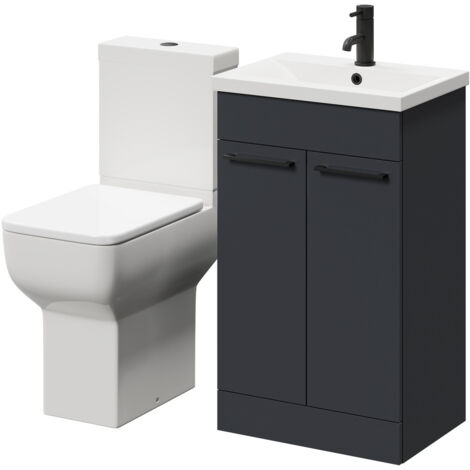 Wholesale Domestic Alessio Gloss Grey 500mm Vanity Unit and Toilet Suite including Comfort Height Toilet and Floor Standing Vanity Unit with 2 Doors and Matt Black Handles