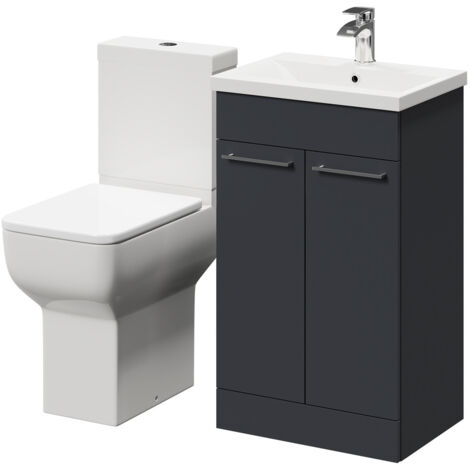 Wholesale Domestic Alessio Gloss Grey 500mm Vanity Unit and Toilet Suite including Comfort Height Toilet and Floor Standing Vanity Unit with 2 Doors and Polished Chrome Handles