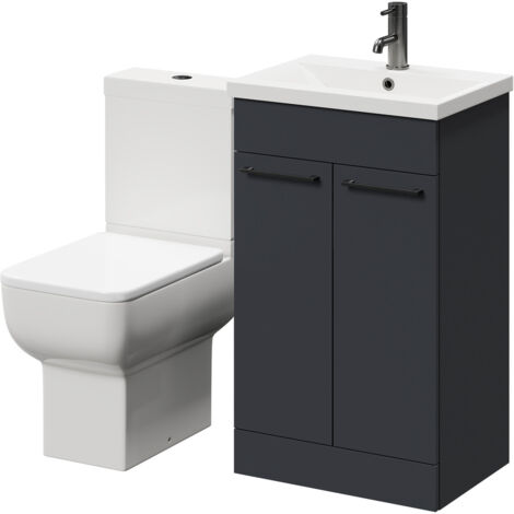 Wholesale Domestic Alessio Gloss Grey 500mm Vanity Unit and Toilet Suite including Open Back Toilet and Floor Standing Vanity Unit with 2 Doors and Gunmetal Grey Handles