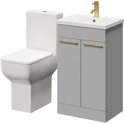 Wholesale Domestic Alessio Gloss Grey Pearl 500mm Vanity Unit and Toilet Suite including Comfort Height Toilet and Floor Standing Vanity Unit with 2 Doors and Brushed Brass Handles