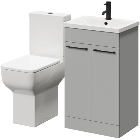 Wholesale Domestic Alessio Gloss Grey Pearl 500mm Vanity Unit and Toilet Suite including Comfort Height Toilet and Floor Standing Vanity Unit with 2 Doors and Matt Black Handles