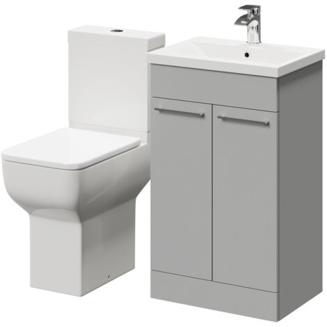 Wholesale Domestic Alessio Gloss Grey Pearl 500mm Vanity Unit and Toilet Suite including Comfort Height Toilet and Floor Standing Vanity Unit with 2 Doors and Polished Chrome Handles