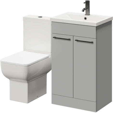 Wholesale Domestic Alessio Gloss Grey Pearl 500mm Vanity Unit and Toilet Suite including Open Back Toilet and Floor Standing Vanity Unit with 2 Doors and Gunmetal Grey Handles