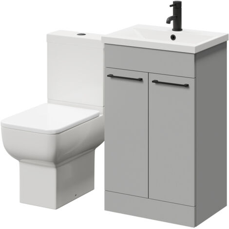 Wholesale Domestic Alessio Gloss Grey Pearl 500mm Vanity Unit and Toilet Suite including Open Back Toilet and Floor Standing Vanity Unit with 2 Doors and Matt Black Handles