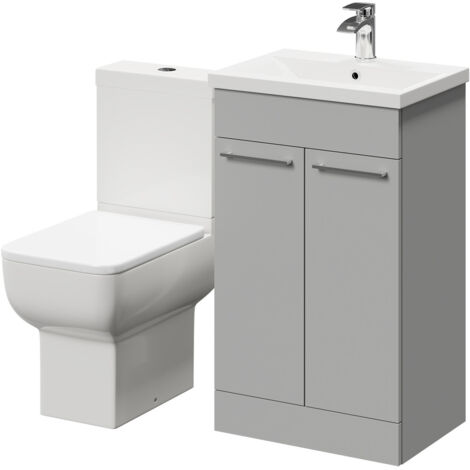 Wholesale Domestic Alessio Gloss Grey Pearl 500mm Vanity Unit and Toilet Suite including Open Back Toilet and Floor Standing Vanity Unit with 2 Doors and Polished Chrome Handles