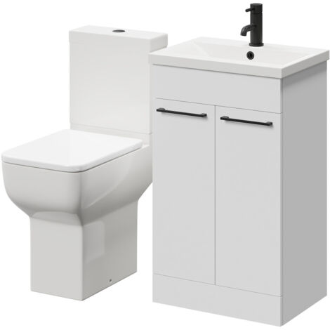 Wholesale Domestic Alessio Gloss White 500mm Vanity Unit and Toilet Suite including Comfort Height Toilet and Floor Standing Vanity Unit with 2 Doors and Matt Black Handles