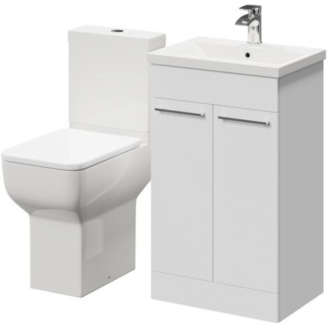 Wholesale Domestic Alessio Gloss White 500mm Vanity Unit and Toilet Suite including Comfort Height Toilet and Floor Standing Vanity Unit with 2 Doors and Polished Chrome Handles