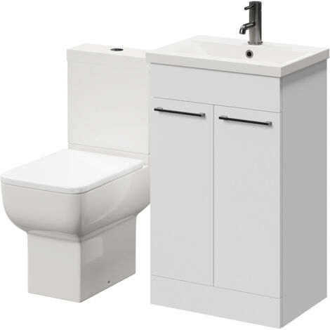 Wholesale Domestic Alessio Gloss White 500mm Vanity Unit and Toilet Suite including Open Back Toilet and Floor Standing Vanity Unit with 2 Doors and Gunmetal Grey Handles