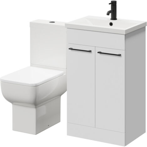 Wholesale Domestic Alessio Gloss White 500mm Vanity Unit and Toilet Suite including Open Back Toilet and Floor Standing Vanity Unit with 2 Doors and Matt Black Handles
