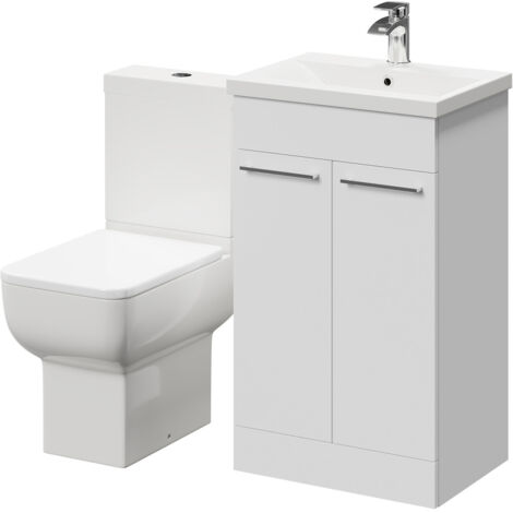 Wholesale Domestic Alessio Gloss White 500mm Vanity Unit and Toilet Suite including Open Back Toilet and Floor Standing Vanity Unit with 2 Doors and Polished Chrome Handles