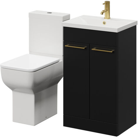 Wholesale Domestic Alessio Matt Black 500mm Vanity Unit and Toilet Suite including Comfort Height Toilet and Floor Standing Vanity Unit with 2 Doors and Brushed Brass Handles