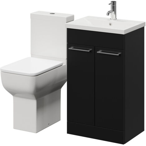 Wholesale Domestic Alessio Matt Black 500mm Vanity Unit and Toilet Suite including Comfort Height Toilet and Floor Standing Vanity Unit with 2 Doors and Chrome Handles