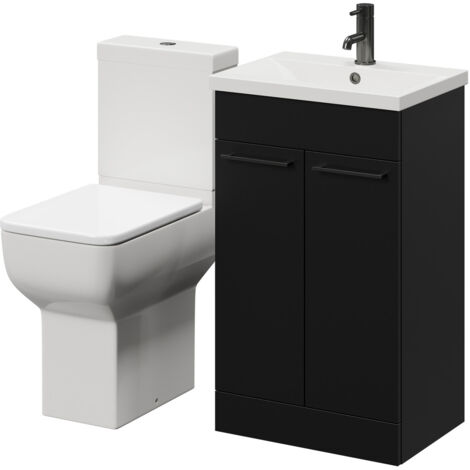 Wholesale Domestic Alessio Matt Black 500mm Vanity Unit and Toilet Suite including Comfort Height Toilet and Floor Standing Vanity Unit with 2 Doors and Gunmetal Grey Handles