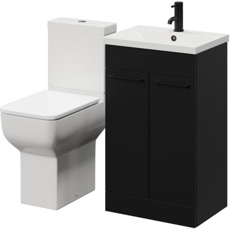 Wholesale Domestic Alessio Matt Black 500mm Vanity Unit and Toilet Suite including Comfort Height Toilet and Floor Standing Vanity Unit with 2 Doors and Matt Black Handles