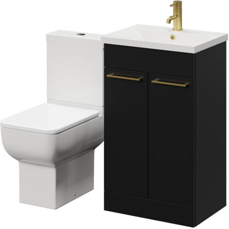 Wholesale Domestic Alessio Matt Black 500mm Vanity Unit and Toilet Suite including Open Back Toilet and Floor Standing Vanity Unit with 2 Doors and Brushed Brass Handles