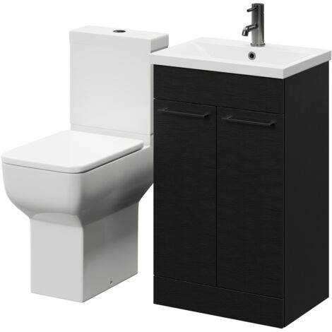 Wholesale Domestic Alessio Nero Oak 500mm Vanity Unit and Toilet Suite including Comfort Height Toilet and Floor Standing Vanity Unit with 2 Doors and Gunmetal Grey Handles