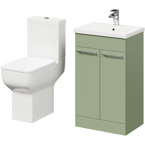 Wholesale Domestic Alessio Olive Green 500mm Vanity Unit and Toilet Suite including Comfort Height Toilet and Floor Standing Vanity Unit with 2 Doors and Polished Chrome Handles