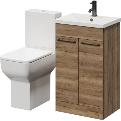 Wholesale Domestic Alessio Tobacco Oak 500mm Vanity Unit and Toilet Suite including Comfort Height Toilet and Floor Standing Vanity Unit with 2 Doors and Gunmetal Grey Handles