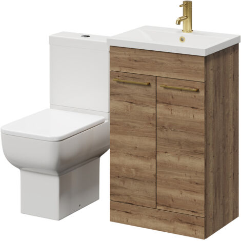 Wholesale Domestic Alessio Tobacco Oak 500mm Vanity Unit and Toilet Suite including Open Back Toilet and Floor Standing Vanity Unit with 2 Doors and Brushed Brass Handles