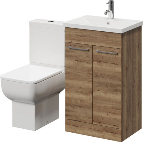 Wholesale Domestic Alessio Tobacco Oak 500mm Vanity Unit and Toilet Suite including Open Back Toilet and Floor Standing Vanity Unit with 2 Doors and Chrome Handles