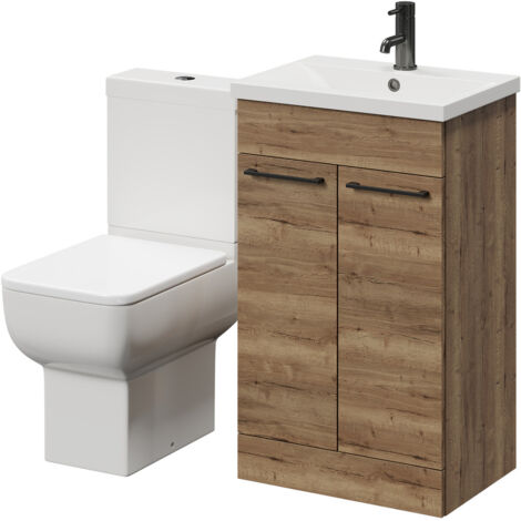 Wholesale Domestic Alessio Tobacco Oak 500mm Vanity Unit and Toilet Suite including Open Back Toilet and Floor Standing Vanity Unit with 2 Doors and Gunmetal Grey Handles