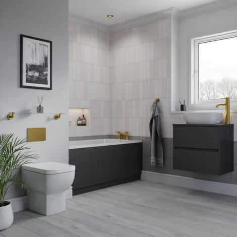 Wholesale Domestic Alford 1400mm Steel Straight Single Ended Bathroom Suite including Brushed Brass Flush Plate Back to Wall Toilet and Graphite Grey Vanity Unit with Countertop Basin