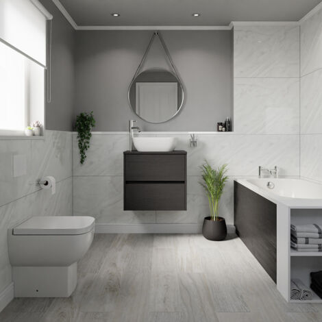 Wholesale Domestic Alford 1400mm Steel Straight Single Ended Bathroom Suite including Matt White Flush Plate Back to Wall Toilet and Graphite Grey Vanity Unit with Countertop Basin