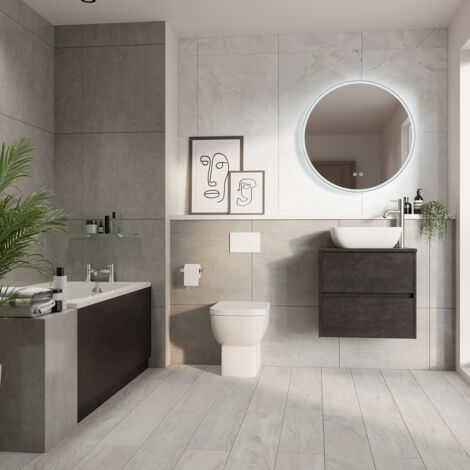 Wholesale Domestic Alford 1400mm Steel Straight Single Ended Bathroom Suite including Matt White Flush Plate Back to Wall Toilet and Metallic Slate Vanity Unit with Countertop Basin