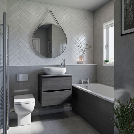 Wholesale Domestic Alford 1400mm Steel Straight Single Ended Bathroom Suite including Polished Chrome Flush Plate Back to Wall Toilet and Graphite Grey Vanity Unit with Countertop Basin