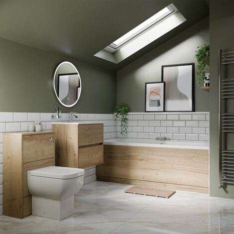 Wholesale Domestic Ashby 1700mm x 700mm Slim Edge Straight Double Ended Bathroom Suite including Autumn Oak Furniture Set with Minimalist Basin