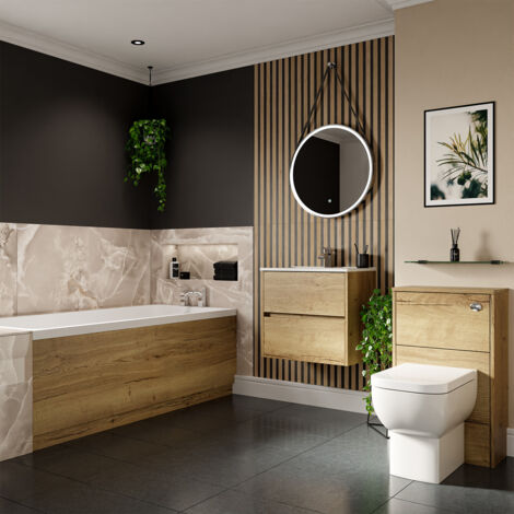 Wholesale Domestic Ashby 1700mm x 750mm Slim Edge Straight Single Ended Bathroom Suite including Autumn Oak Furniture Set with Minimalist Basin
