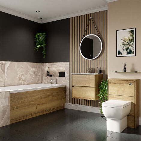 Wholesale Domestic Ashby 1700mm x 800mm Slim Edge Straight Single Ended Bathroom Suite including Autumn Oak Furniture Set with Minimalist Basin