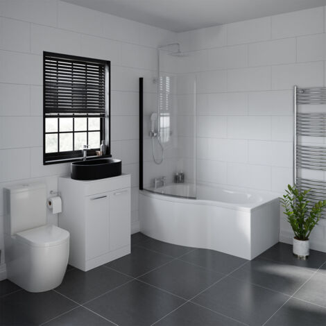 Wholesale Domestic Aster 1500mm Left Hand P Shaped Bathroom Suite including Matt Black Countertop Basin and Gloss White Vanity Unit with Polished Chrome Handles