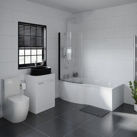 Wholesale Domestic Aster 1700mm Left Hand P Shaped Bathroom Suite including Matt Black Countertop Basin and Gloss White Vanity Unit with Polished Chrome Handles
