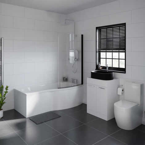 Wholesale Domestic Aster 1700mm Right Hand P Shaped Bathroom Suite including Matt Black Countertop Basin and Gloss White Vanity Unit with Polished Chrome Handles
