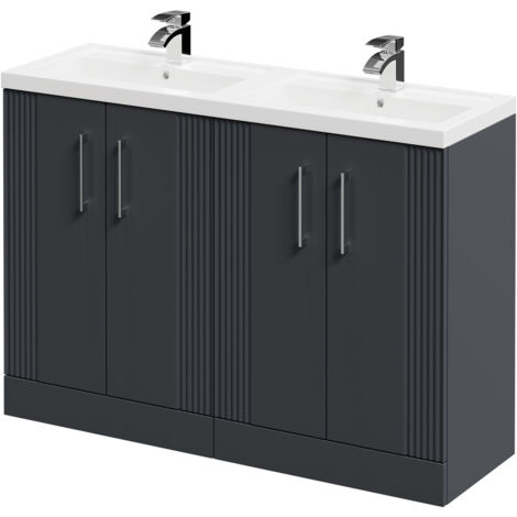 Wholesale Domestic Avant Satin Anthracite 1200mm Floor Standing Vanity Unit with Polymarble Double Basin and 4 Doors with Polished Chrome Handles