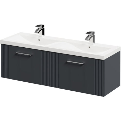 Wholesale Domestic Avant Satin Anthracite 1200mm Wall Mounted Vanity Unit with Ceramic Double Basin and 2 Drawers with Polished Chrome Handles