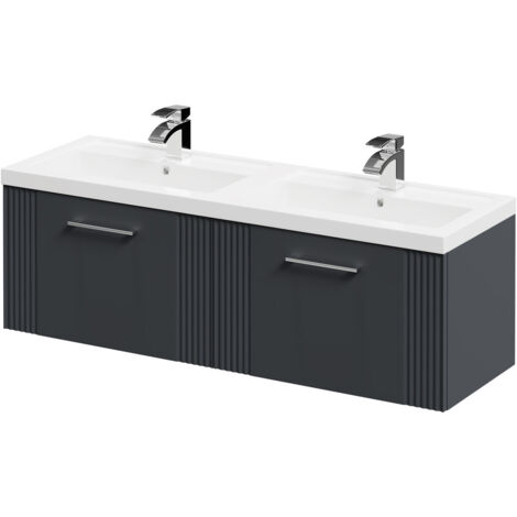 Wholesale Domestic Avant Satin Anthracite 1200mm Wall Mounted Vanity Unit with Polymarble Double Basin and 2 Drawers with Polished Chrome Handles