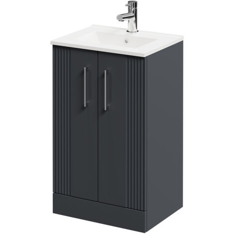 Wholesale Domestic Avant Satin Anthracite 500mm Floor Standing Vanity Unit with 1 Tap Hole Minimalist Basin and 2 Doors with Polished Chrome Handles