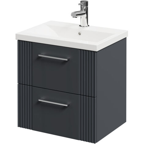 Wholesale Domestic Avant Satin Anthracite 500mm Wall Mounted Vanity Unit with 1 Tap Hole Mid Edge Basin and 2 Drawers with Polished Chrome Handles