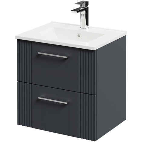 Wholesale Domestic Avant Satin Anthracite 500mm Wall Mounted Vanity Unit with 1 Tap Hole Minimalist Basin and 2 Drawers with Polished Chrome Handles