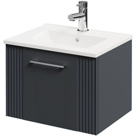 Wholesale Domestic Avant Satin Anthracite 500mm Wall Mounted Vanity Unit with 1 Tap Hole Minimalist Basin and Single Drawer with Polished Chrome Handle
