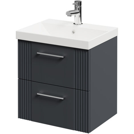 Wholesale Domestic Avant Satin Anthracite 500mm Wall Mounted Vanity Unit with 1 Tap Hole Slim Edge Basin and 2 Drawers with Polished Chrome Handles