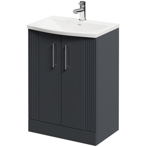 Wholesale Domestic Avant Satin Anthracite 600mm Floor Standing Vanity Unit with 1 Tap Hole Curved Basin and 2 Doors with Polished Chrome Handles