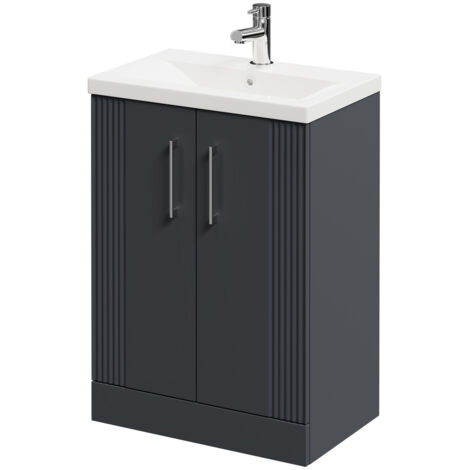 Wholesale Domestic Avant Satin Anthracite 600mm Floor Standing Vanity Unit with 1 Tap Hole Mid Edge Basin and 2 Doors with Polished Chrome Handles