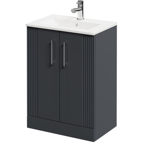Wholesale Domestic Avant Satin Anthracite 600mm Floor Standing Vanity Unit with 1 Tap Hole Minimalist Basin and 2 Doors with Polished Chrome Handles