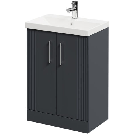 Wholesale Domestic Avant Satin Anthracite 600mm Floor Standing Vanity Unit with 1 Tap Hole Slim Edge Basin and 2 Doors with Polished Chrome Handles